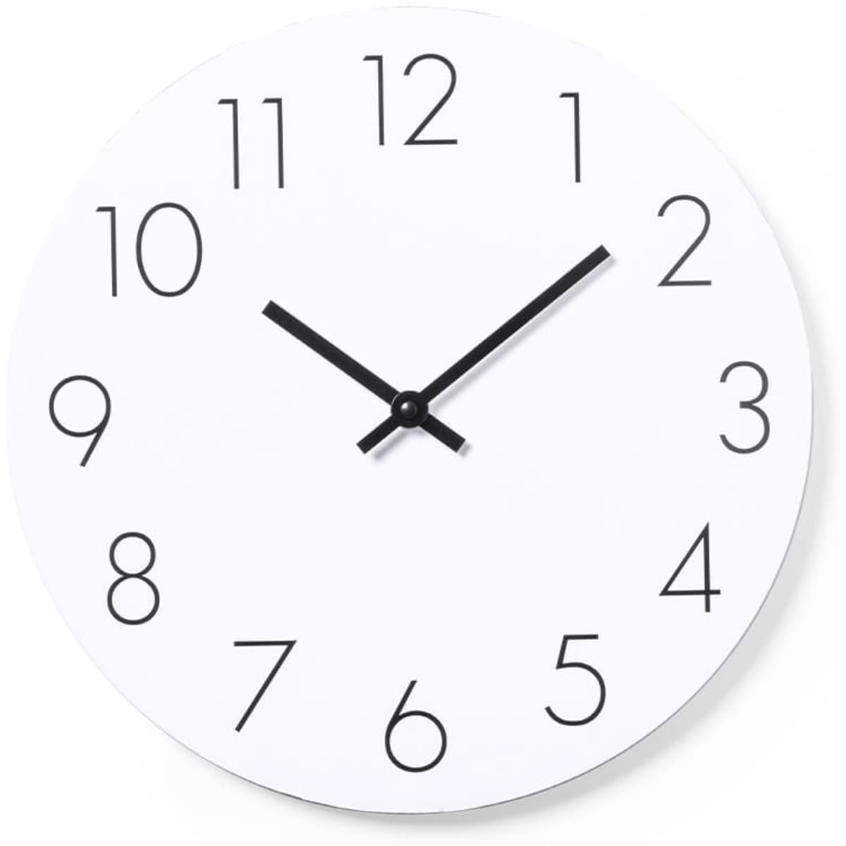 A round wall clock featuring a white face with black numbers and hands. It has a minimalistic design.
