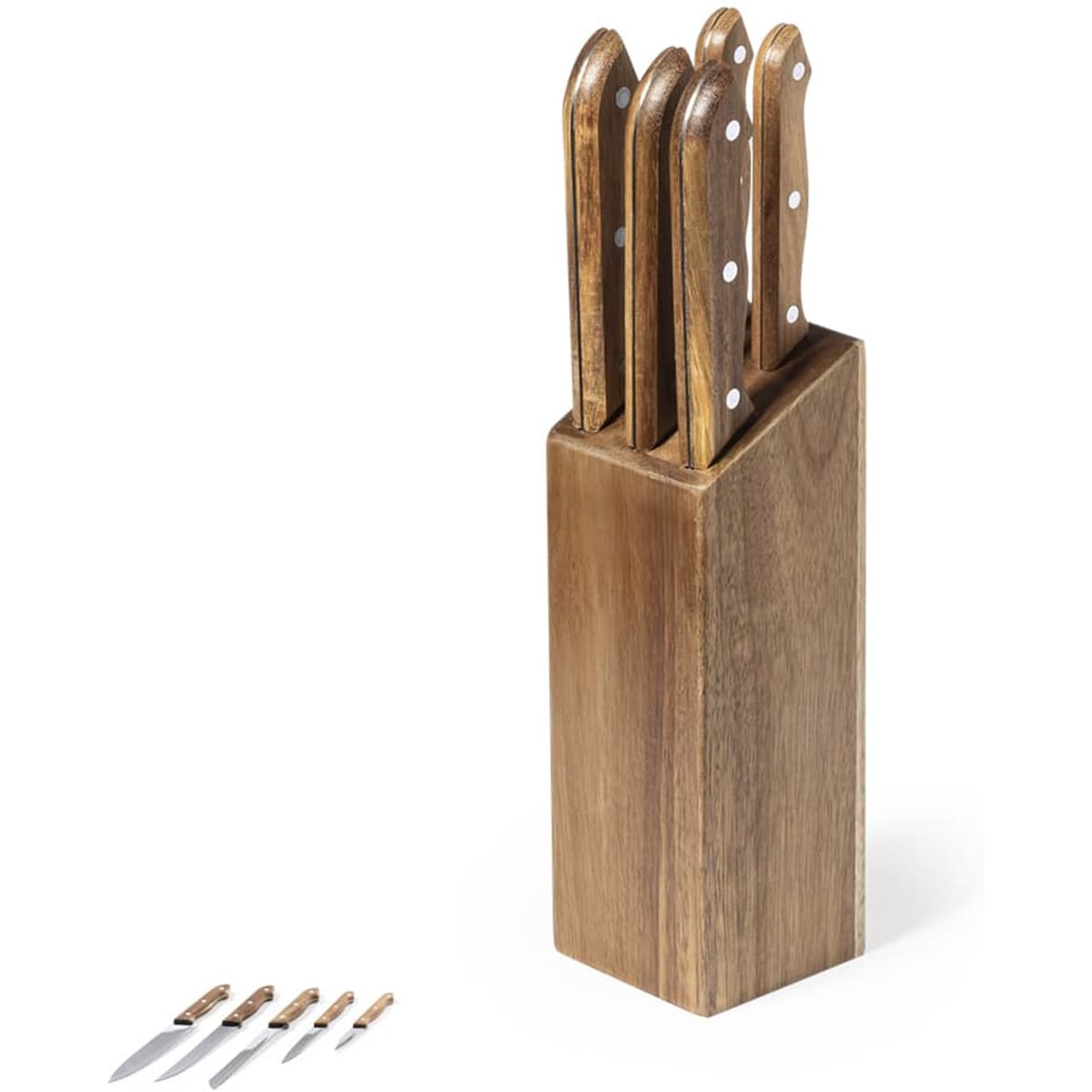 A wooden knife block with four steel knives featuring wooden handles, showcasing a natural finish.