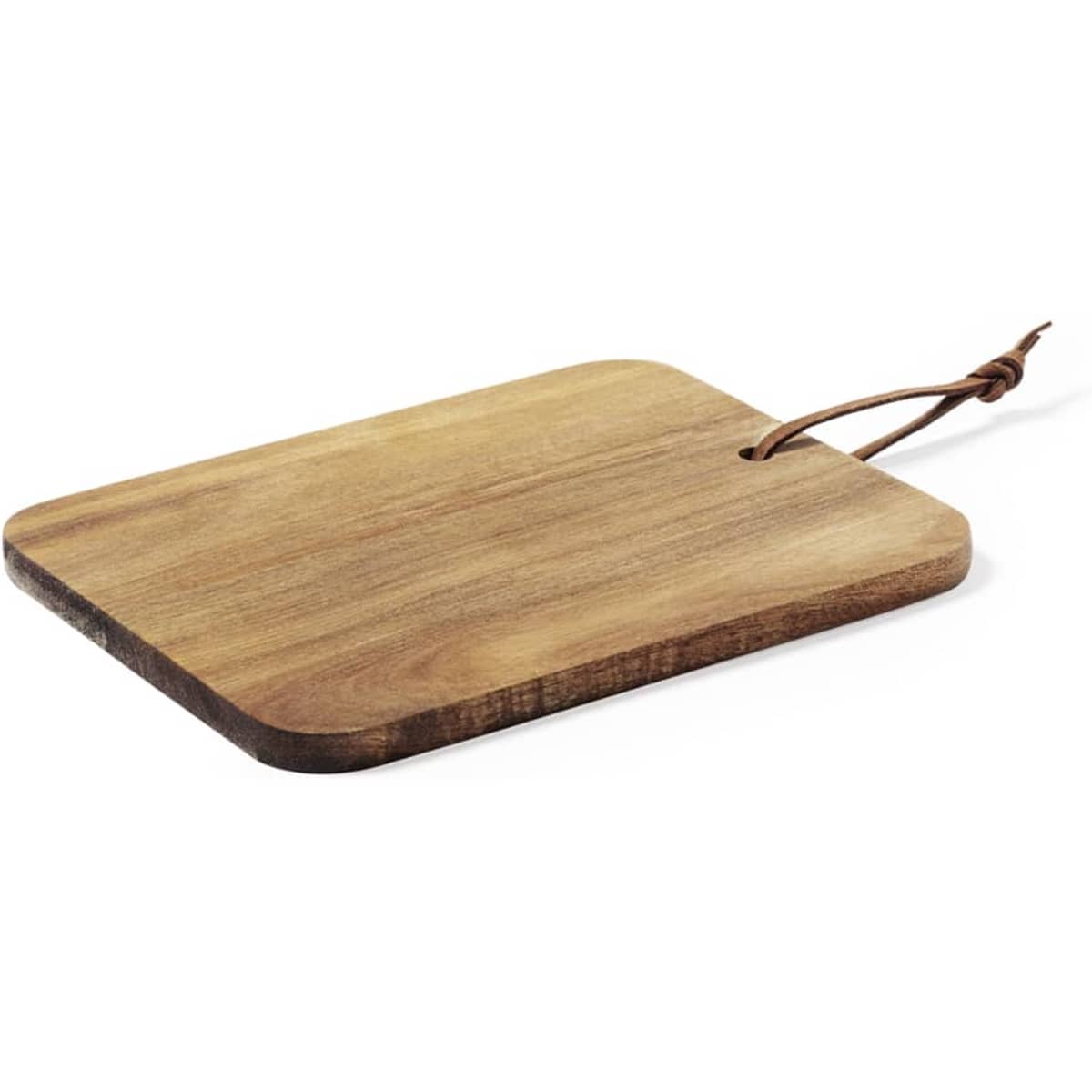 A wooden chopping board with a rounded edge and a leather strap for hanging. Features a natural finish.