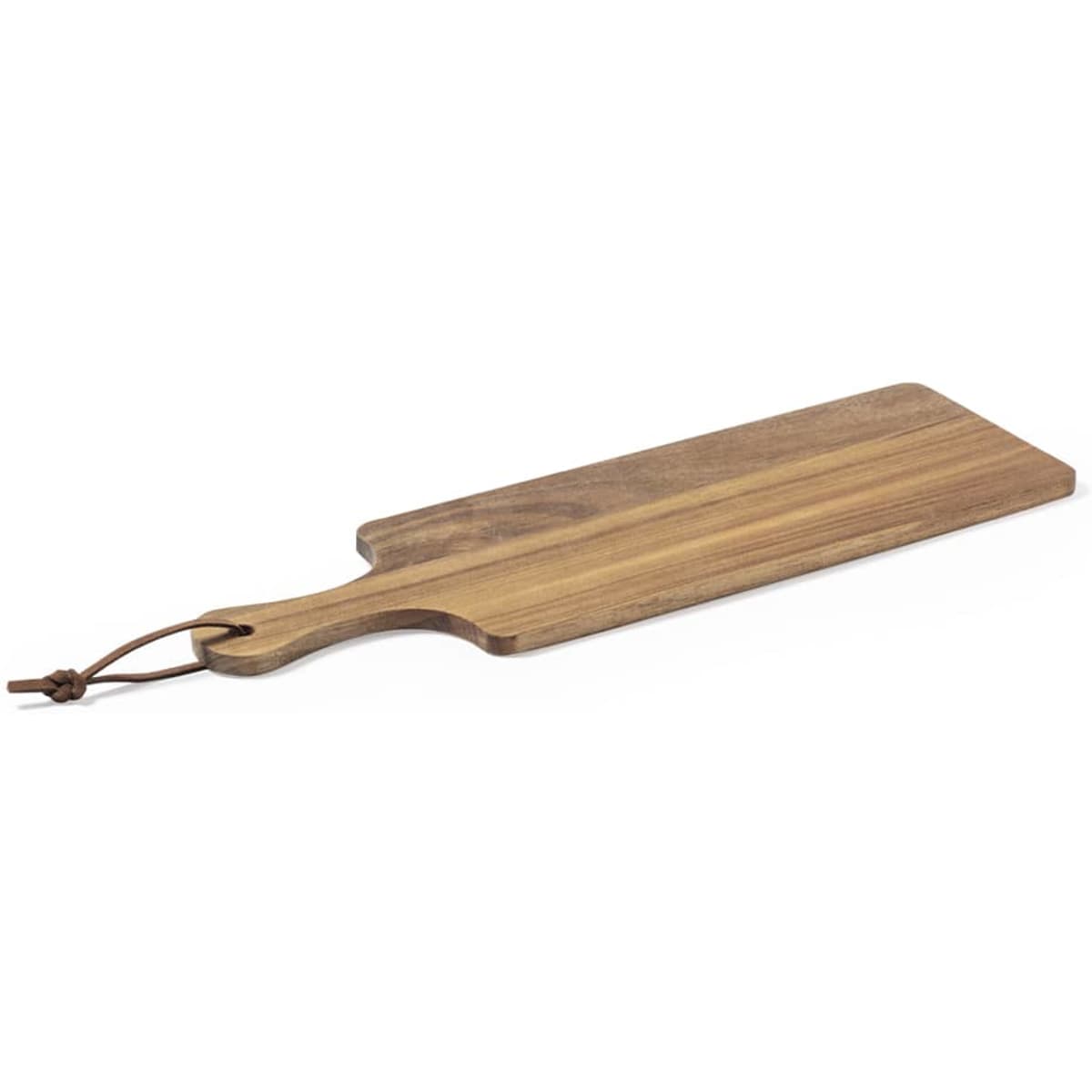 A wooden chopping board in a natural finish with a handle and a leather strap.
