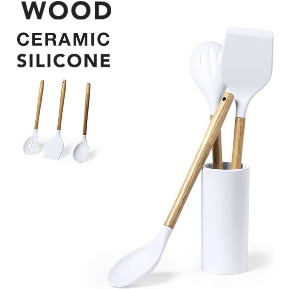 A kitchen utensil set featuring white ceramic and silicone spoons with wooden handles in a white holder.