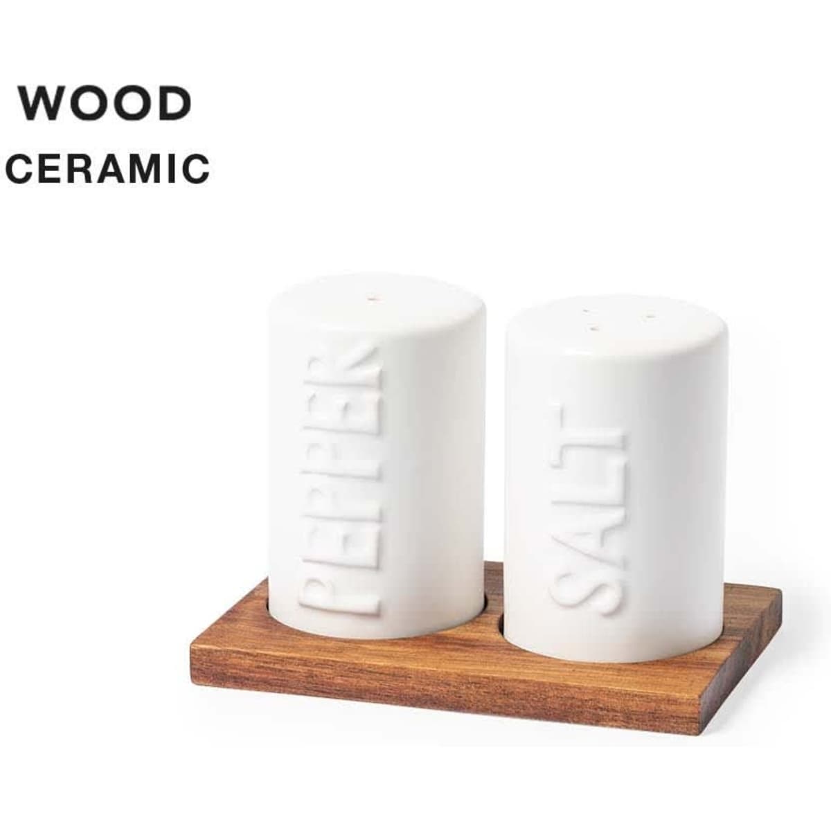 A ceramic salt and pepper shaker set in white, placed on a wooden base.