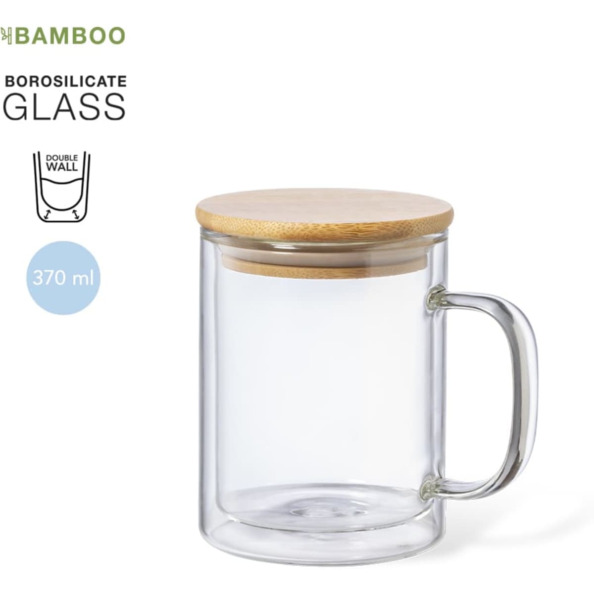 A transparent borosilicate glass mug with a bamboo lid, featuring a sturdy handle, 370 ml capacity.