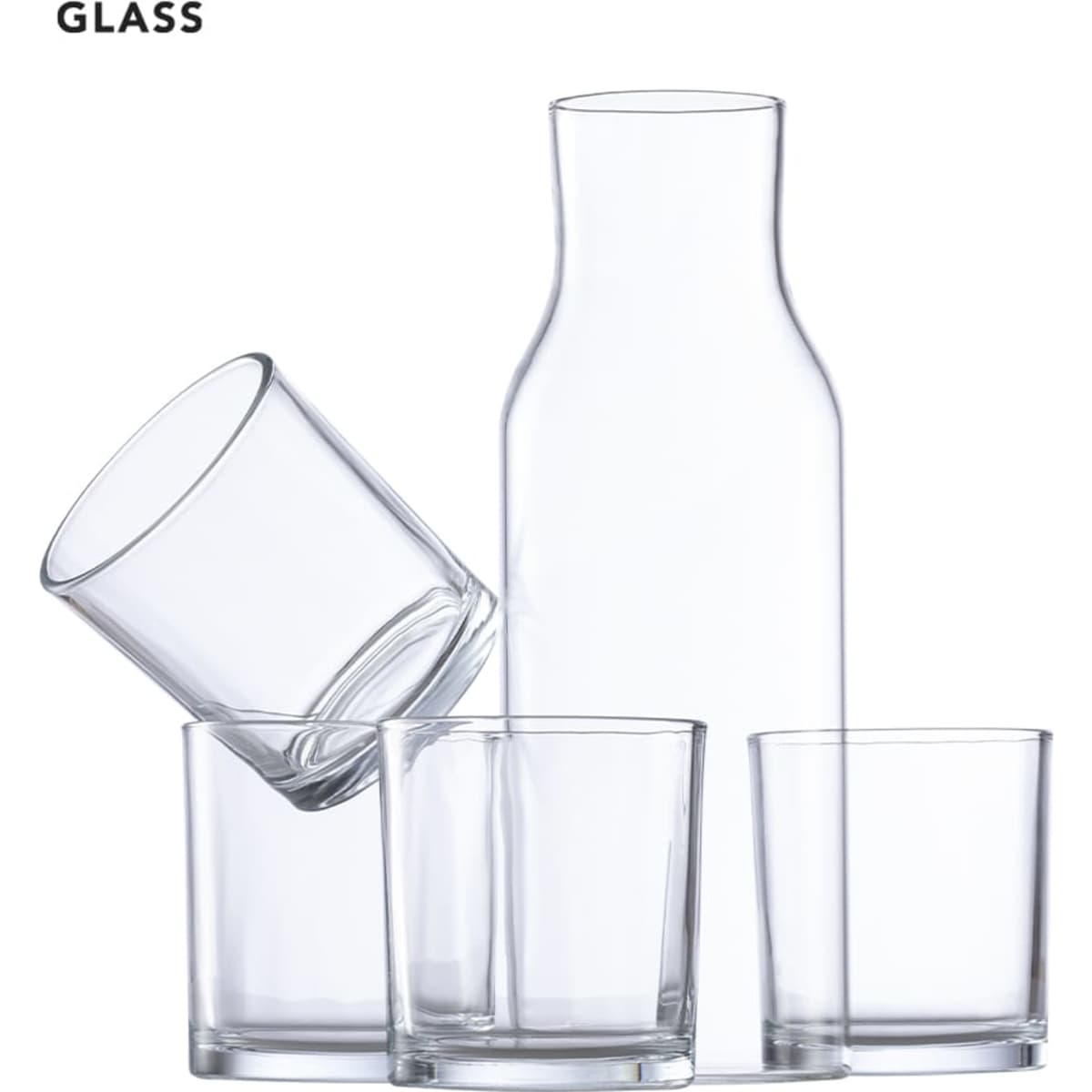 A drink bottle and four clear glass tumblers in various positions, featuring a simple, elegant design.