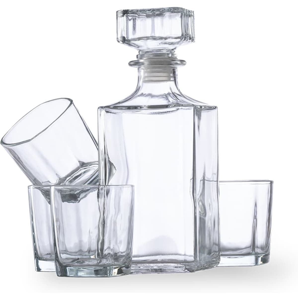 A glass decanter set featuring a square decanter and three tumblers, all in clear glass. The set has a sleek, modern design.