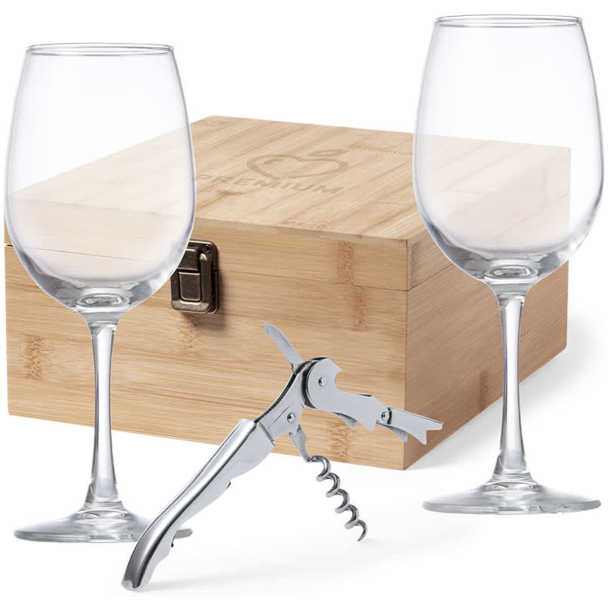 A wine gift set featuring two clear glasses, a corkscrew, and a wooden box. The glasses are elegantly shaped.