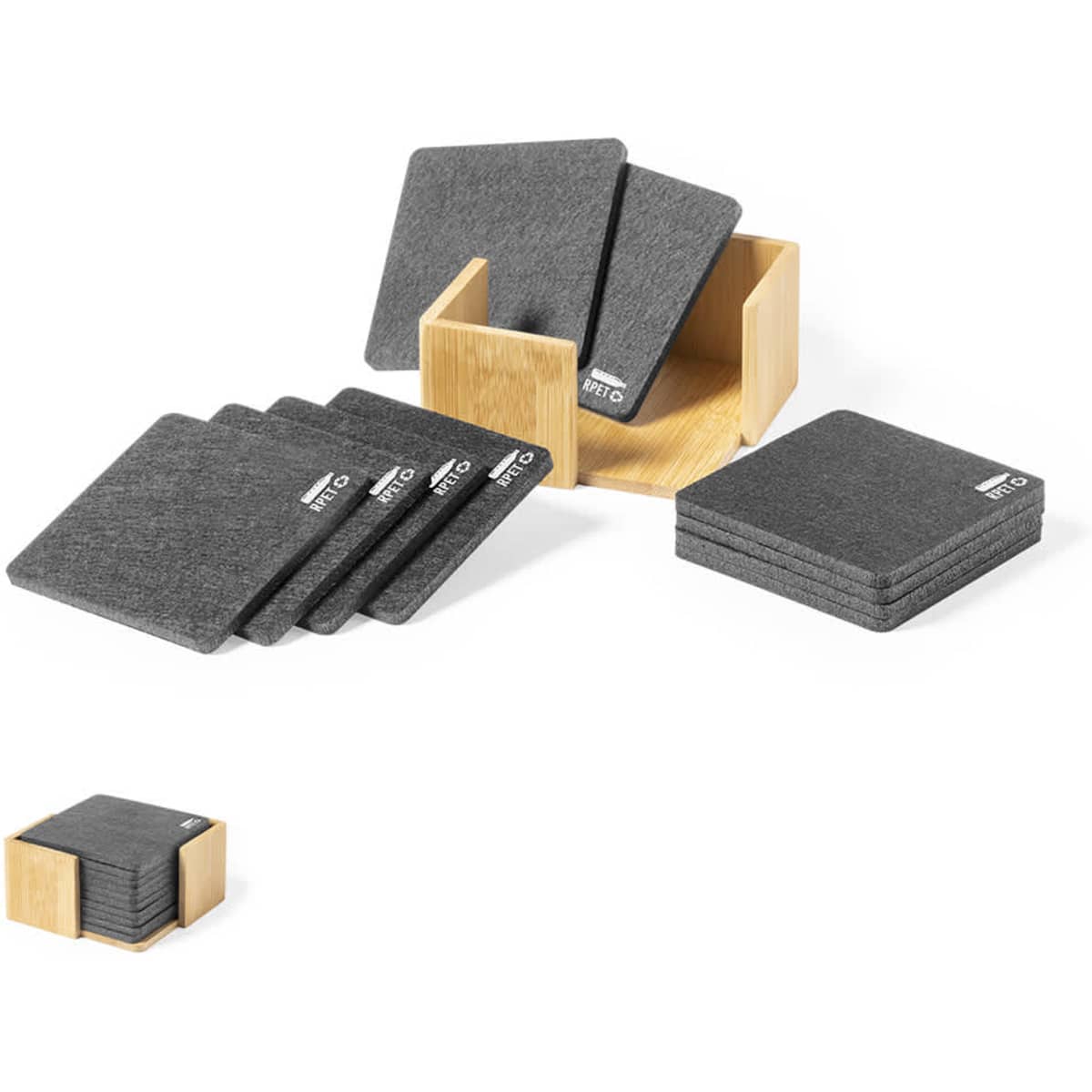 A drink bottle with a grey texture, accompanied by a wooden holder and several matching square coasters.