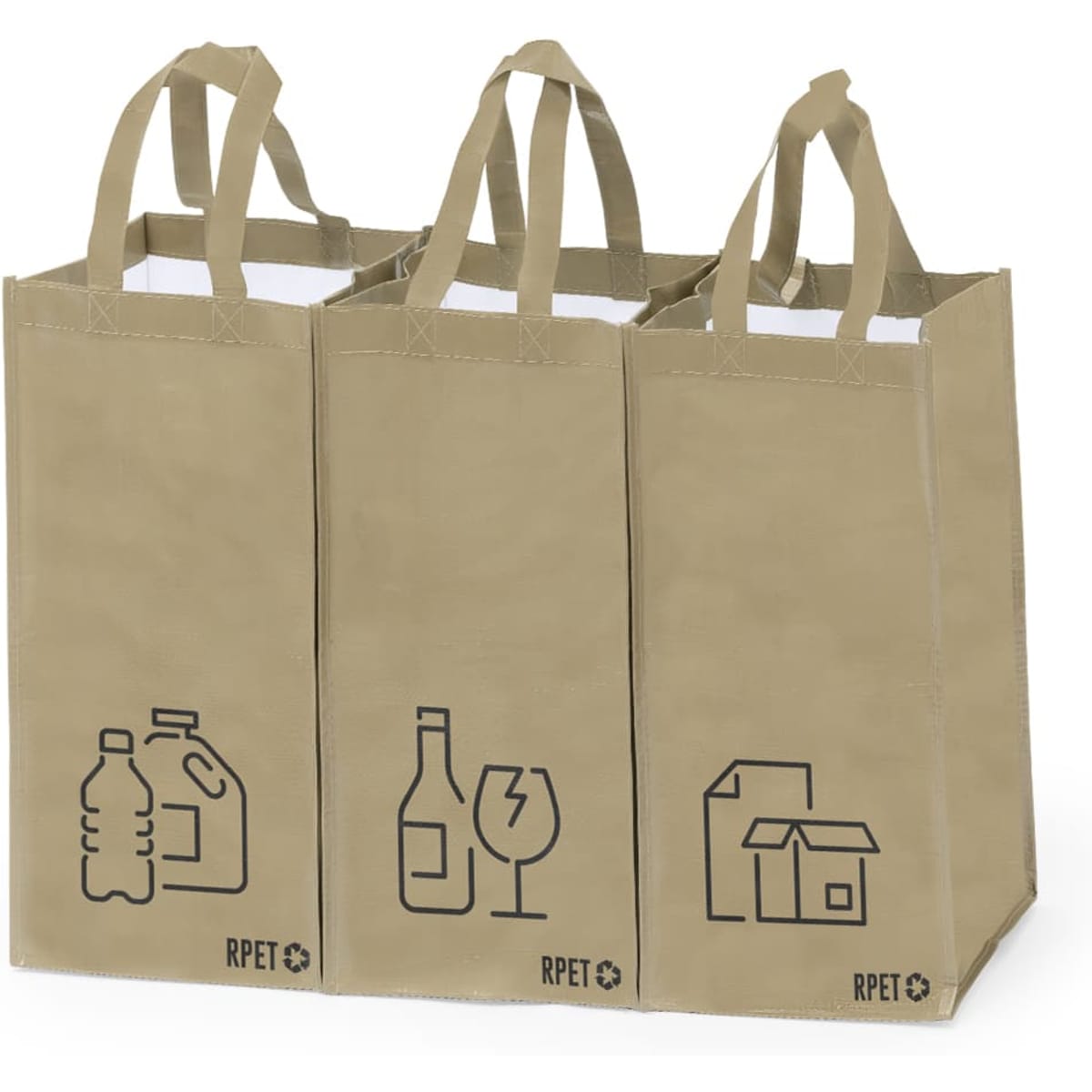 Three eco-friendly tan shopping bags with black icons, featuring handles and a logo.