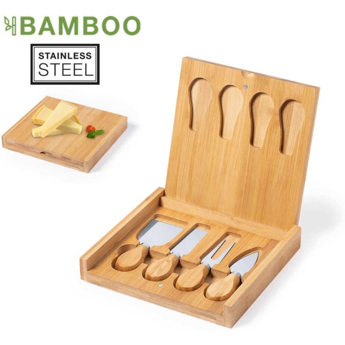 A bamboo cheese knife set with stainless steel utensils, featuring a wooden box and cut-out spaces for each tool.