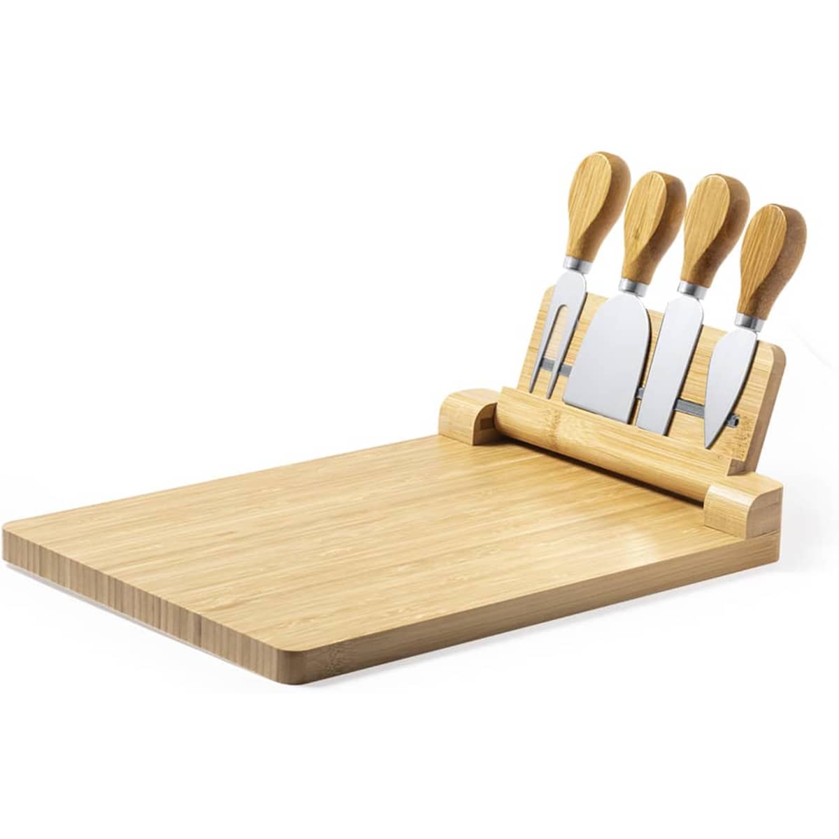 A bamboo cheese board with four stainless steel knives featuring wooden handles, showcasing a natural finish.