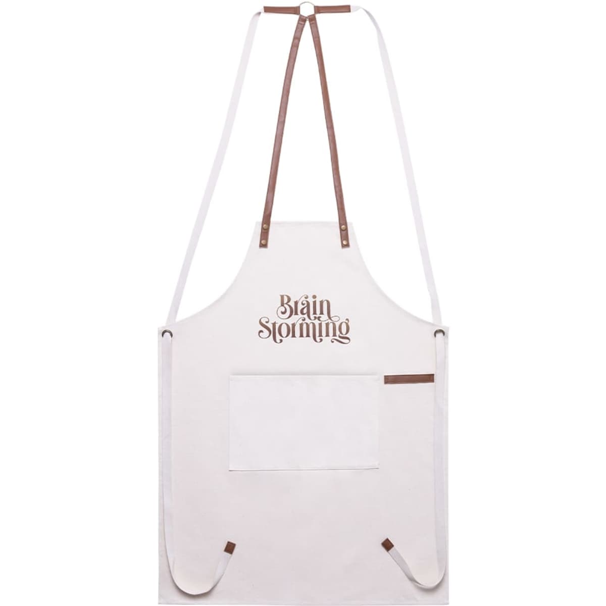 A white apron with a leather strap and a front pocket, featuring a logo at the top.