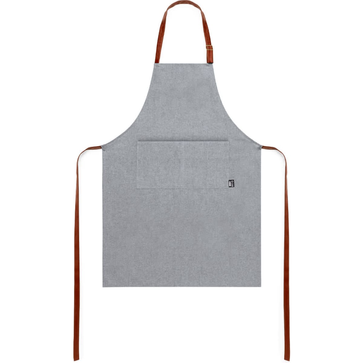 A grey apron with brown straps and a front pocket, featuring a logo on one side.