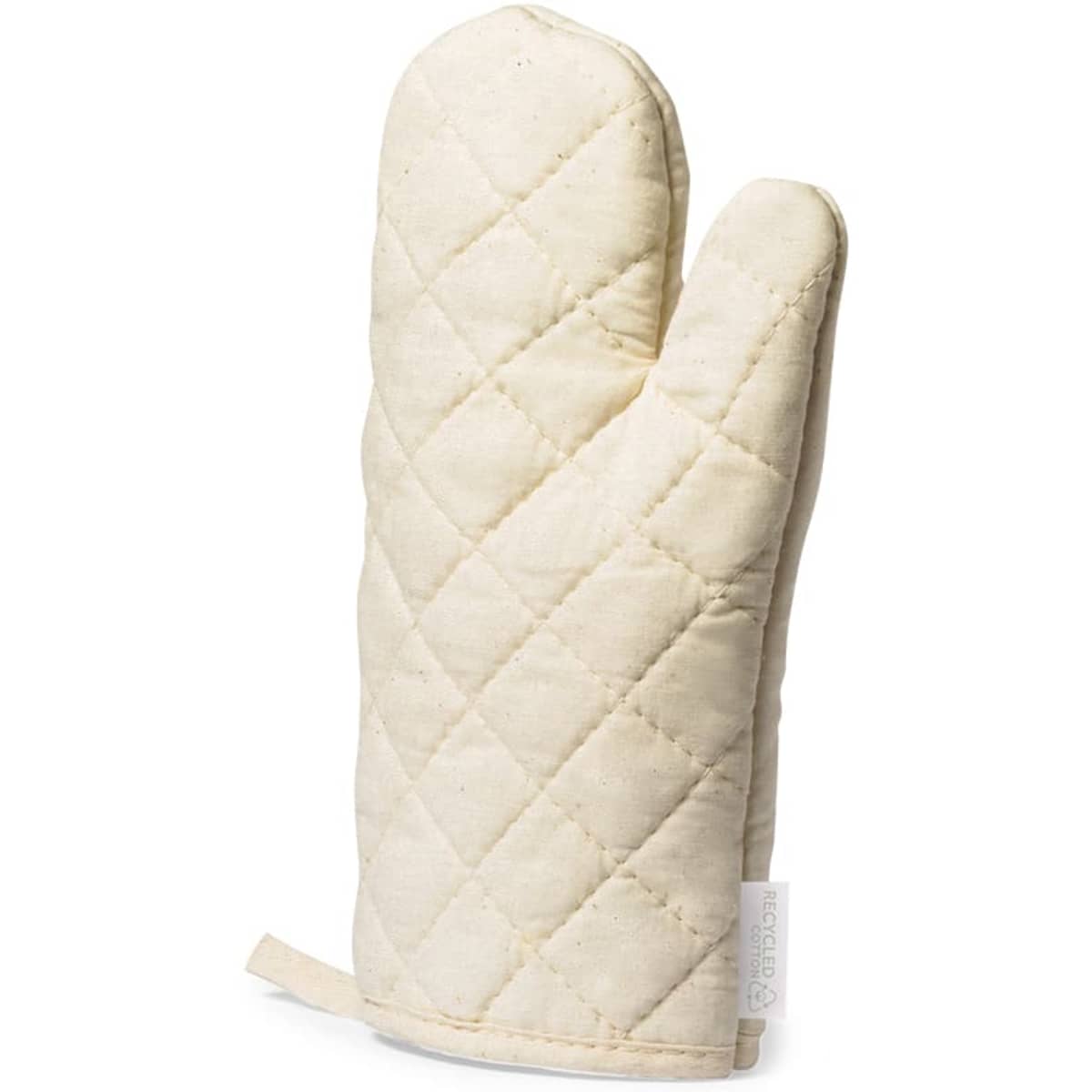 A beige quilted glove with a textured surface, designed for heat protection, featuring a loop for hanging.