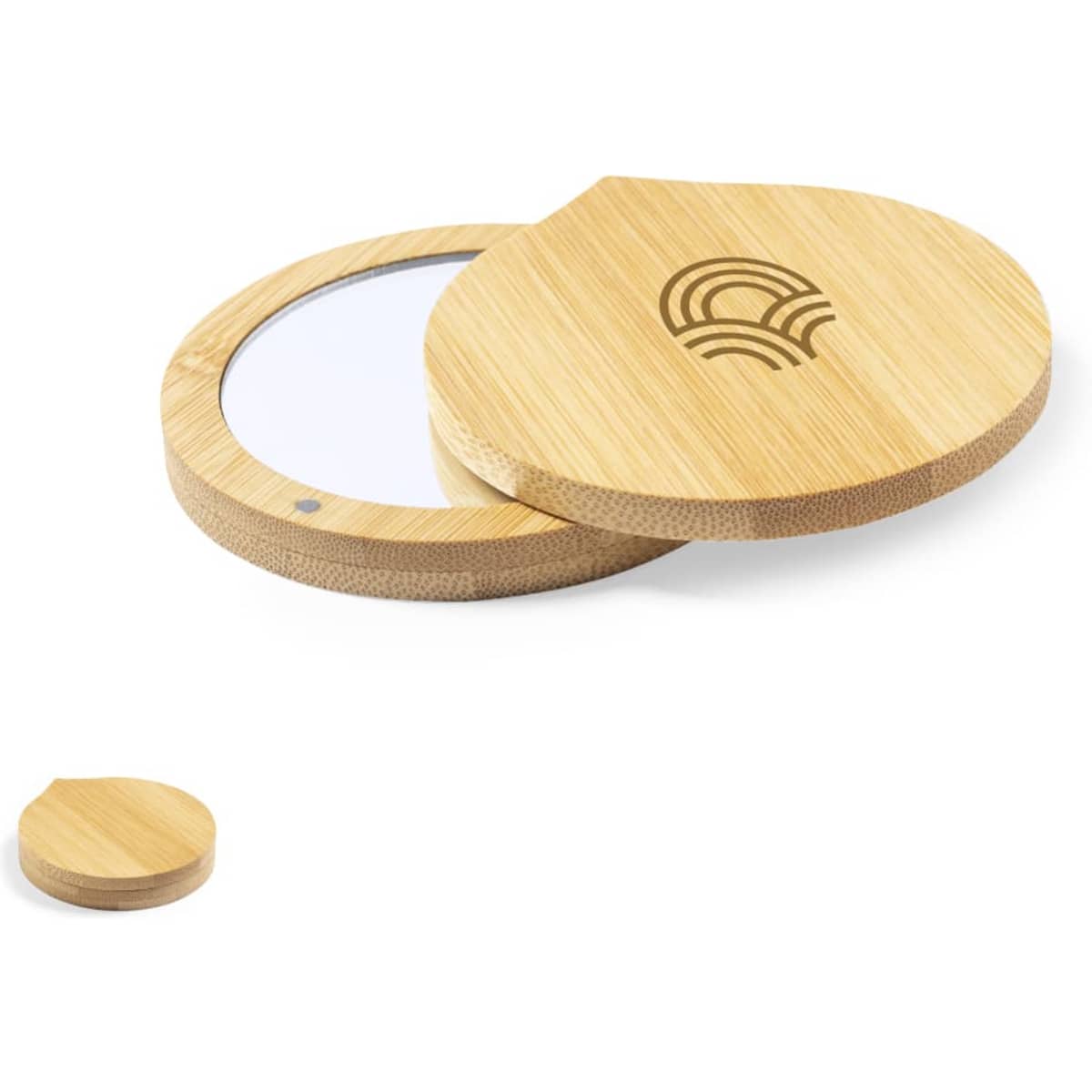A round bamboo hand mirror with a decorative design on the cover, featuring a smooth reflective surface.