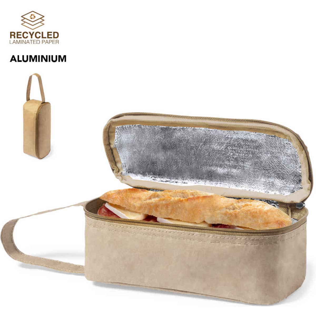 A thermal lunch holder in beige, featuring a silver insulated interior and a handle. Contains a sandwich.