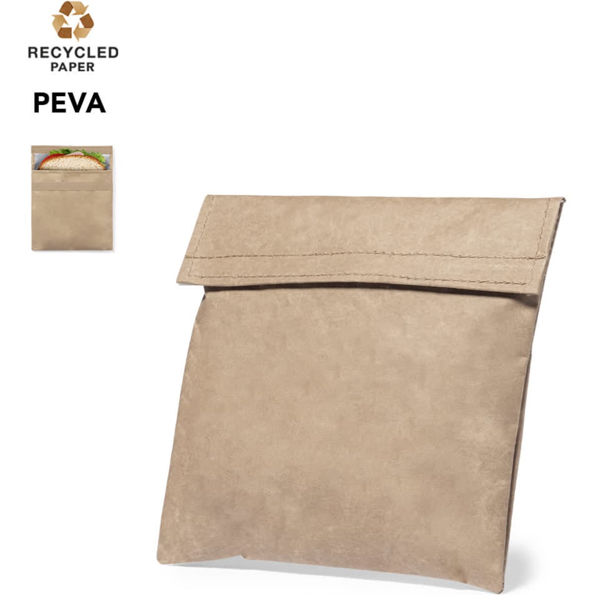 A tan lunch bag made from recycled paper, featuring a sealable top and a logo on the side.