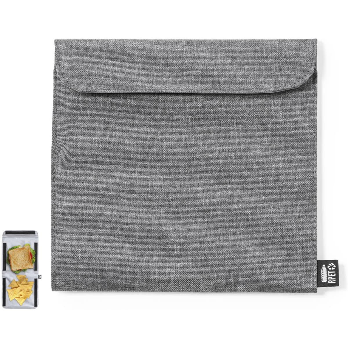 A grey lunch bag with a flap closure, alongside a lunch box containing a sandwich and snacks.