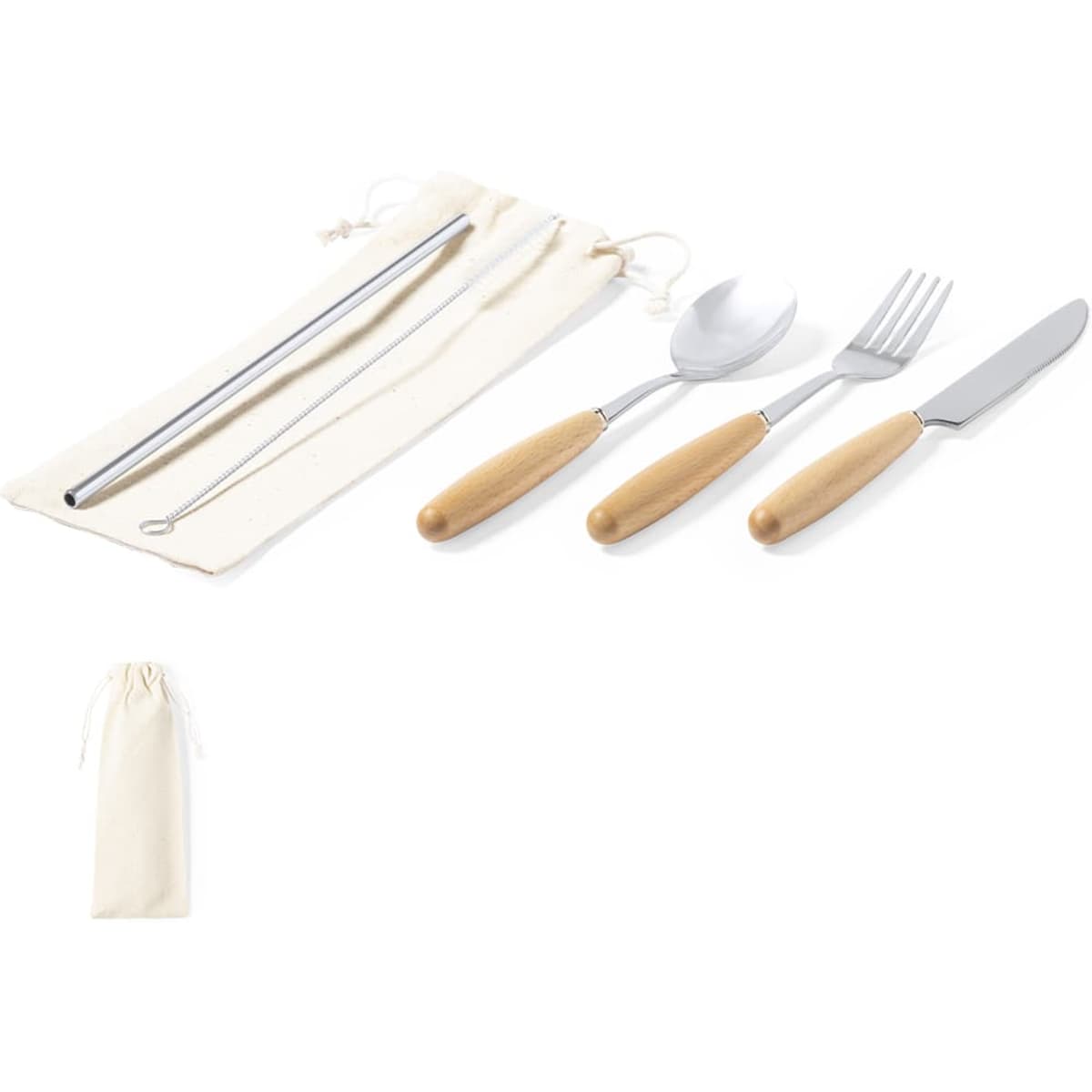 A cutlery set including a knife, fork, spoon, and a stainless steel straw, featuring wooden handles, in a cotton pouch.