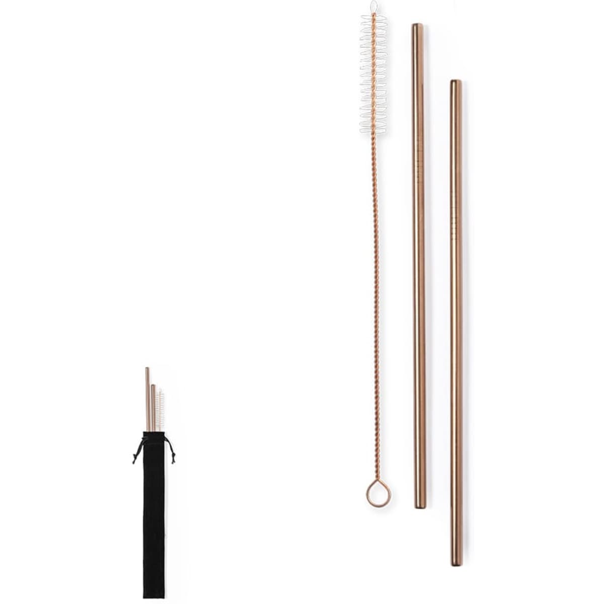 A set of copper drinking straws with a cleaning brush, packaged in a black pouch.