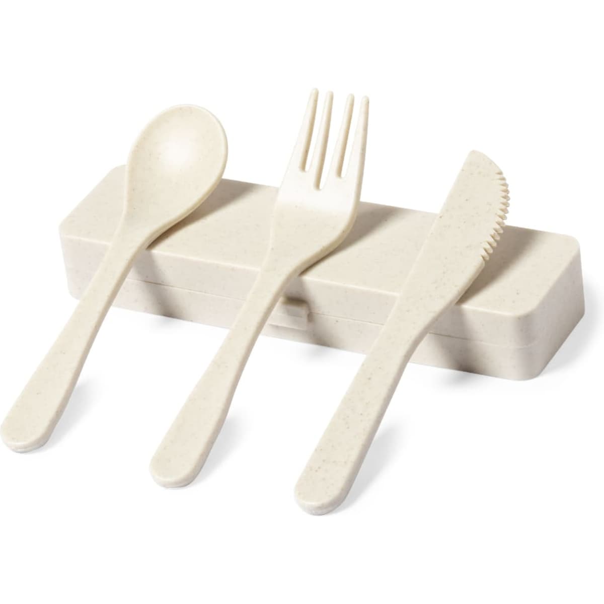 A cutlery set featuring a beige spoon, fork, and knife stored in a matching case, with a simple logo.