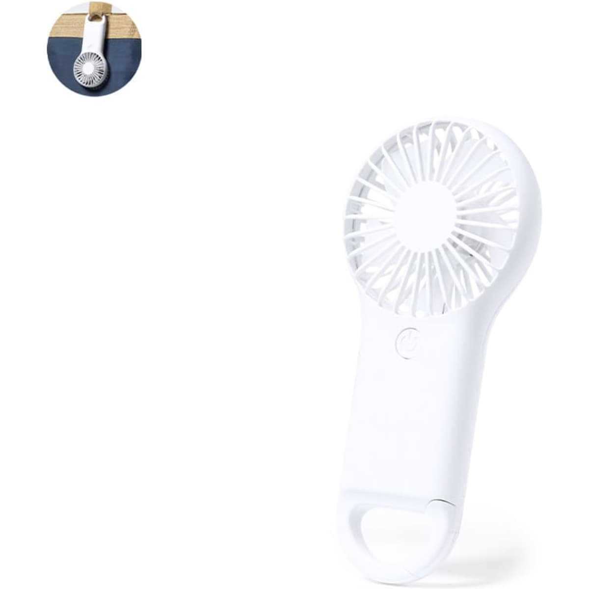 A white handheld fan with a curved handle, featuring a circular fan head and a logo.
