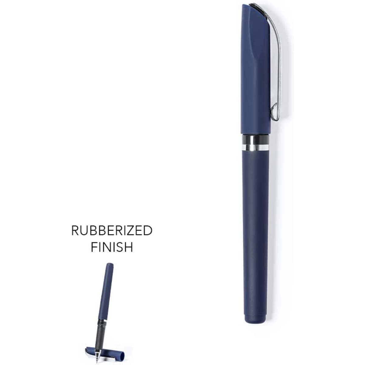 A navy pen with a rubberised finish and silver accents, featuring a clip for easy attachment.