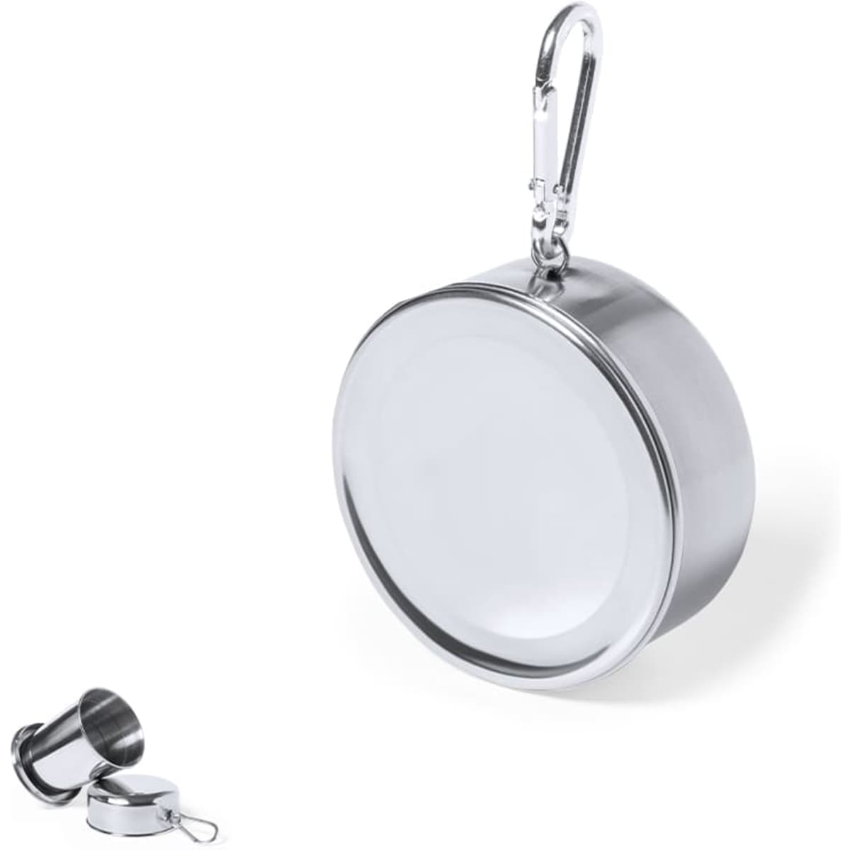 A foldable stainless steel drink bottle with a silver finish and a carabiner clip for easy attachment.