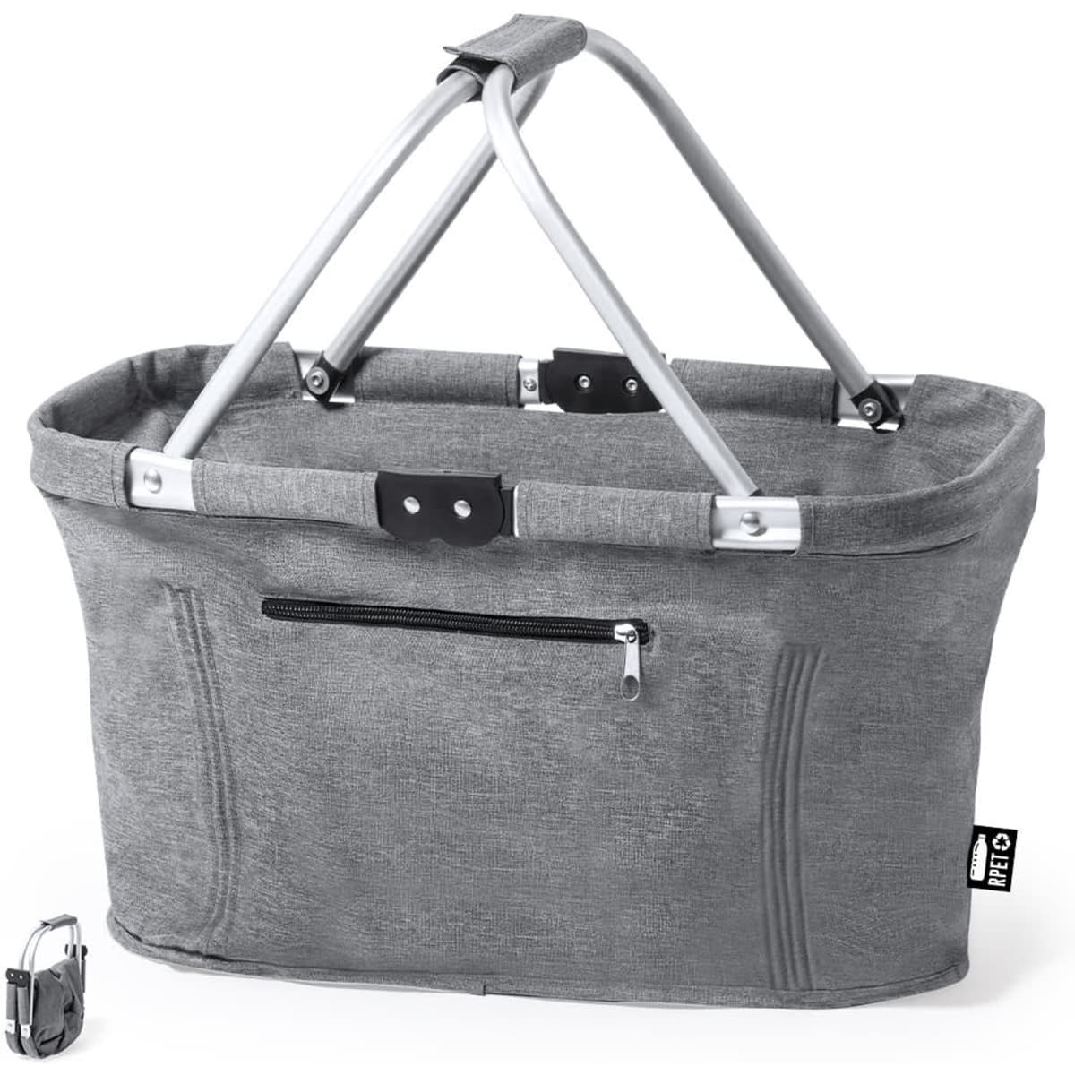 A grey tote bag with silver handles and a zippered pocket, featuring a logo on one side.