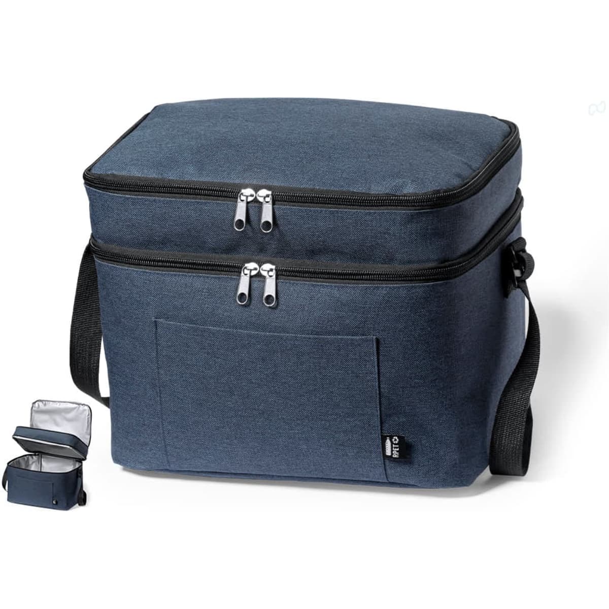 A dark blue cooler bag with double zippers and a front pocket, featuring a small additional cooler bag beside it.