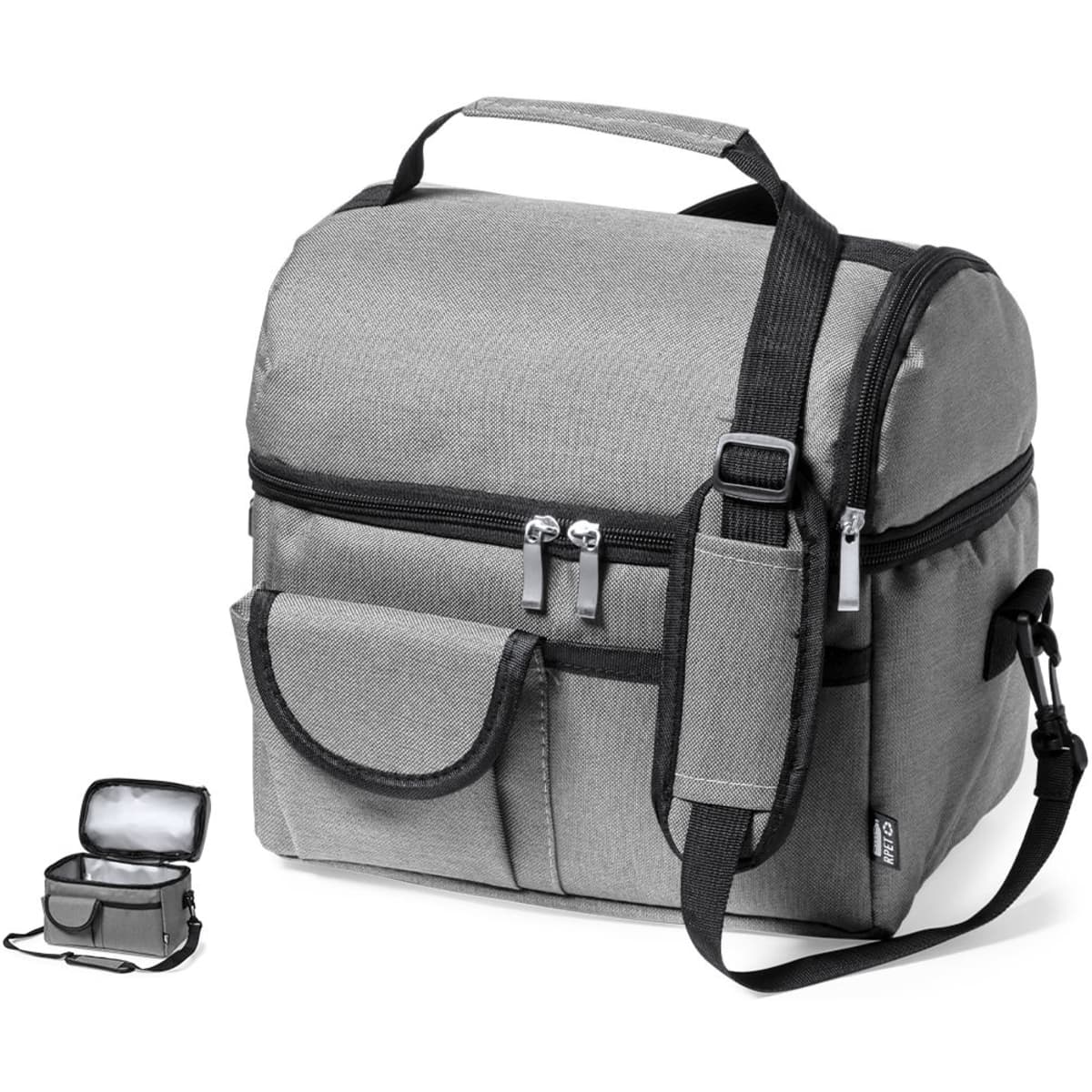 A grey cooler bag with a shoulder strap, zippered compartments, and a small container beside it. It has a logo on the front.