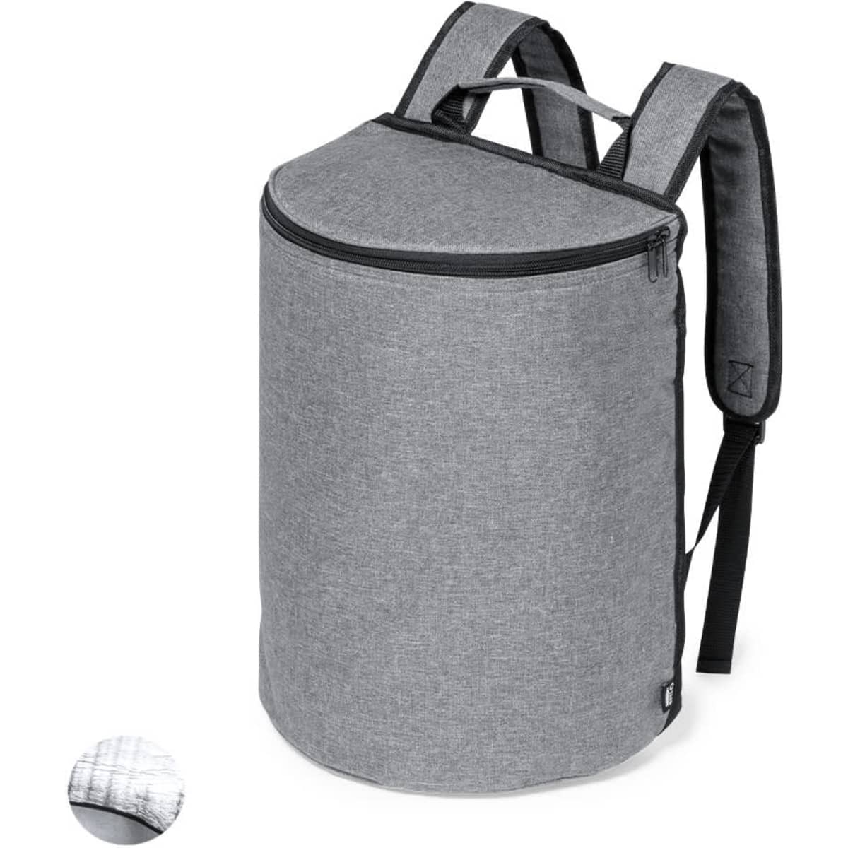 A grey cooler backpack with a zippered top, featuring shoulder straps and a simple design. It has one logo.