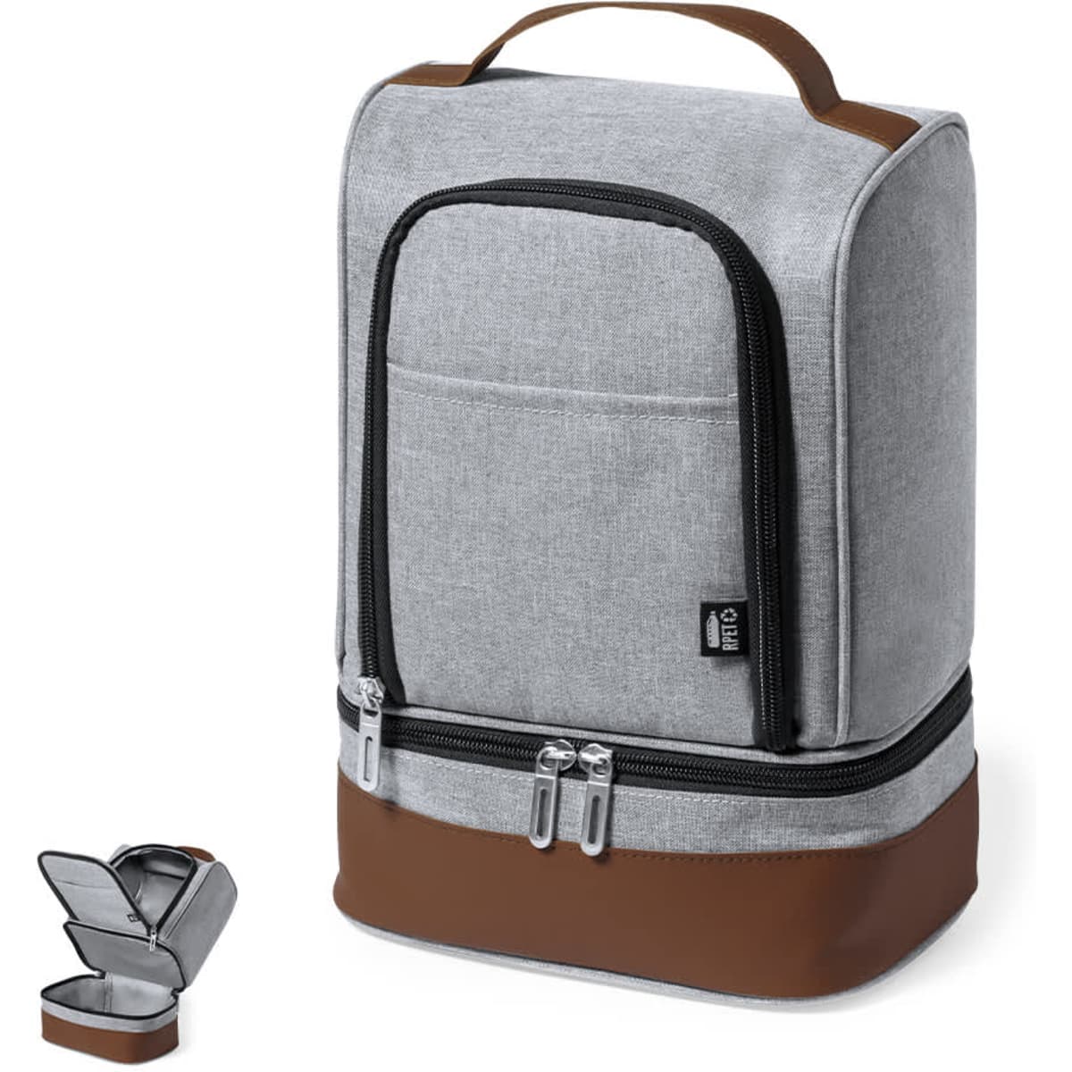 A grey cooler bag with a brown base and handle, featuring a front zip pocket and a separate small container.