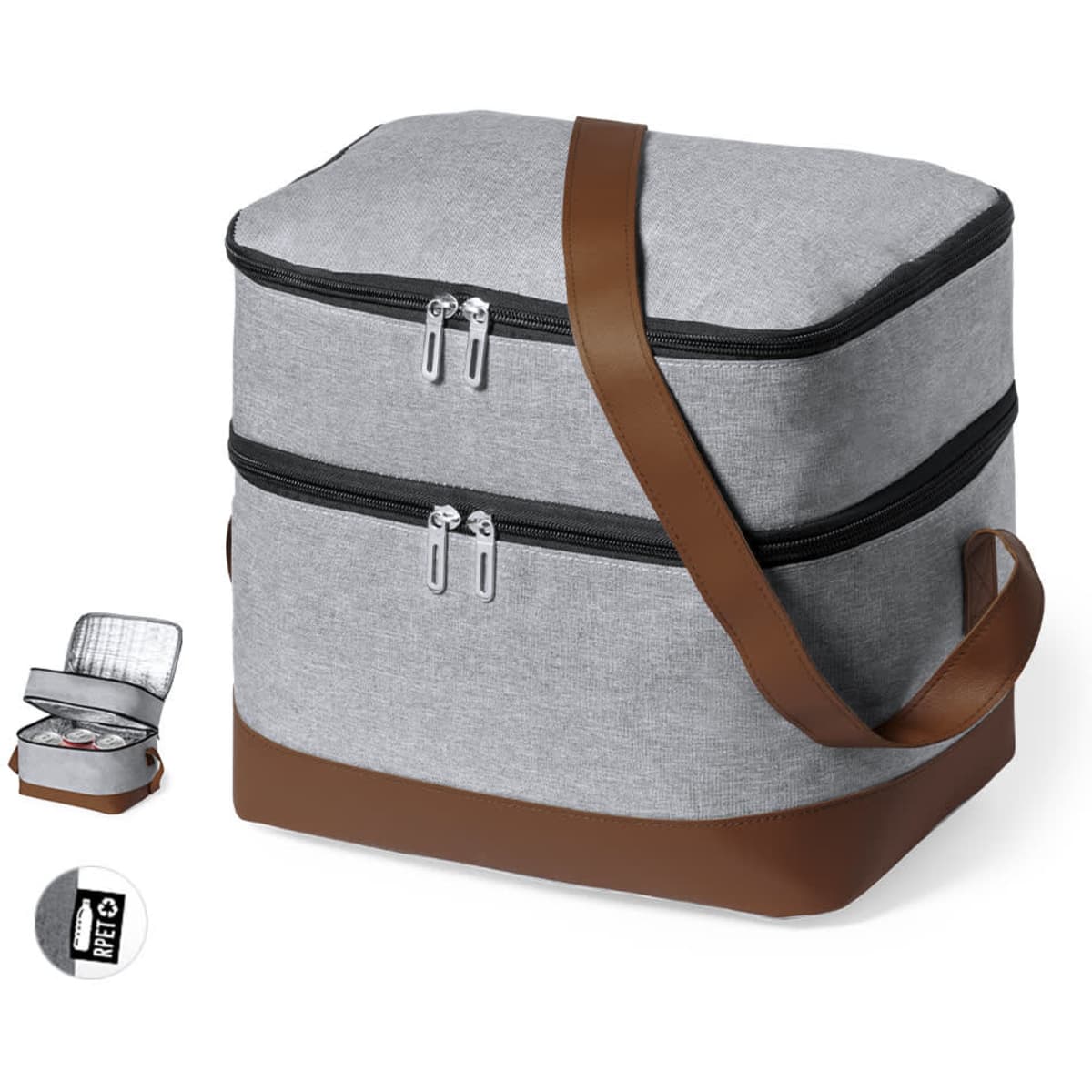 A grey cooler bag with brown accents, featuring two compartments and a shoulder strap for carrying.