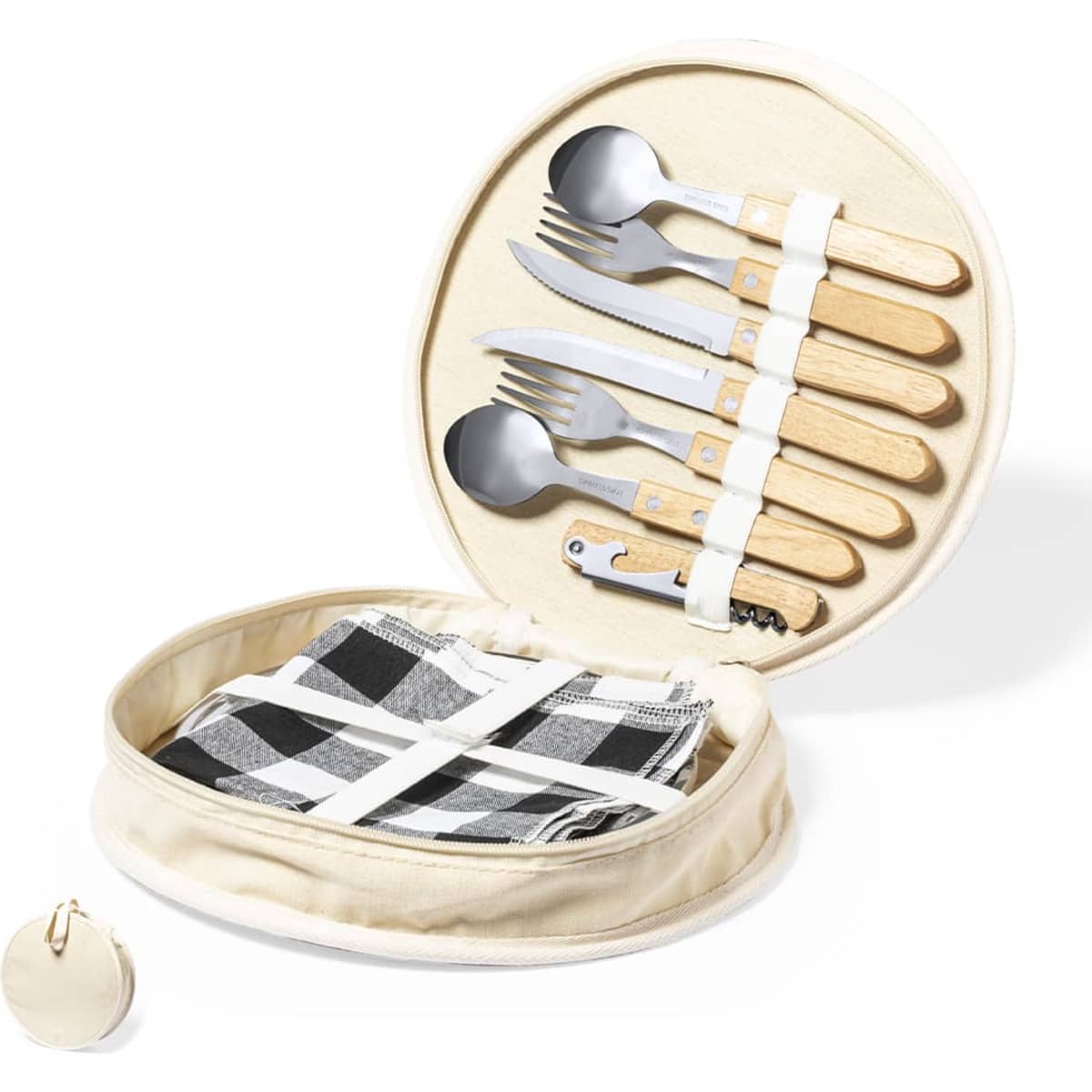 A picnic set featuring stainless steel utensils, wooden handles, a checkered napkin, and a compact carrying case.