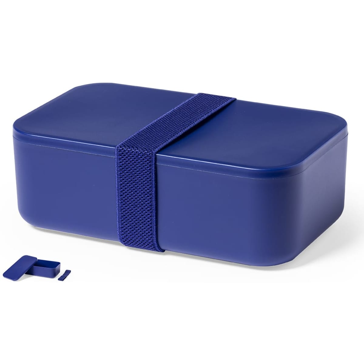 A blue lunch box with a strap, featuring a removable divider piece on the side. It has a simple, modern design.