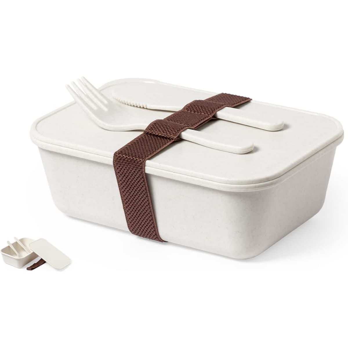 A white lunch box with a brown strap and utensils, featuring a simple design and a separate container for small items.