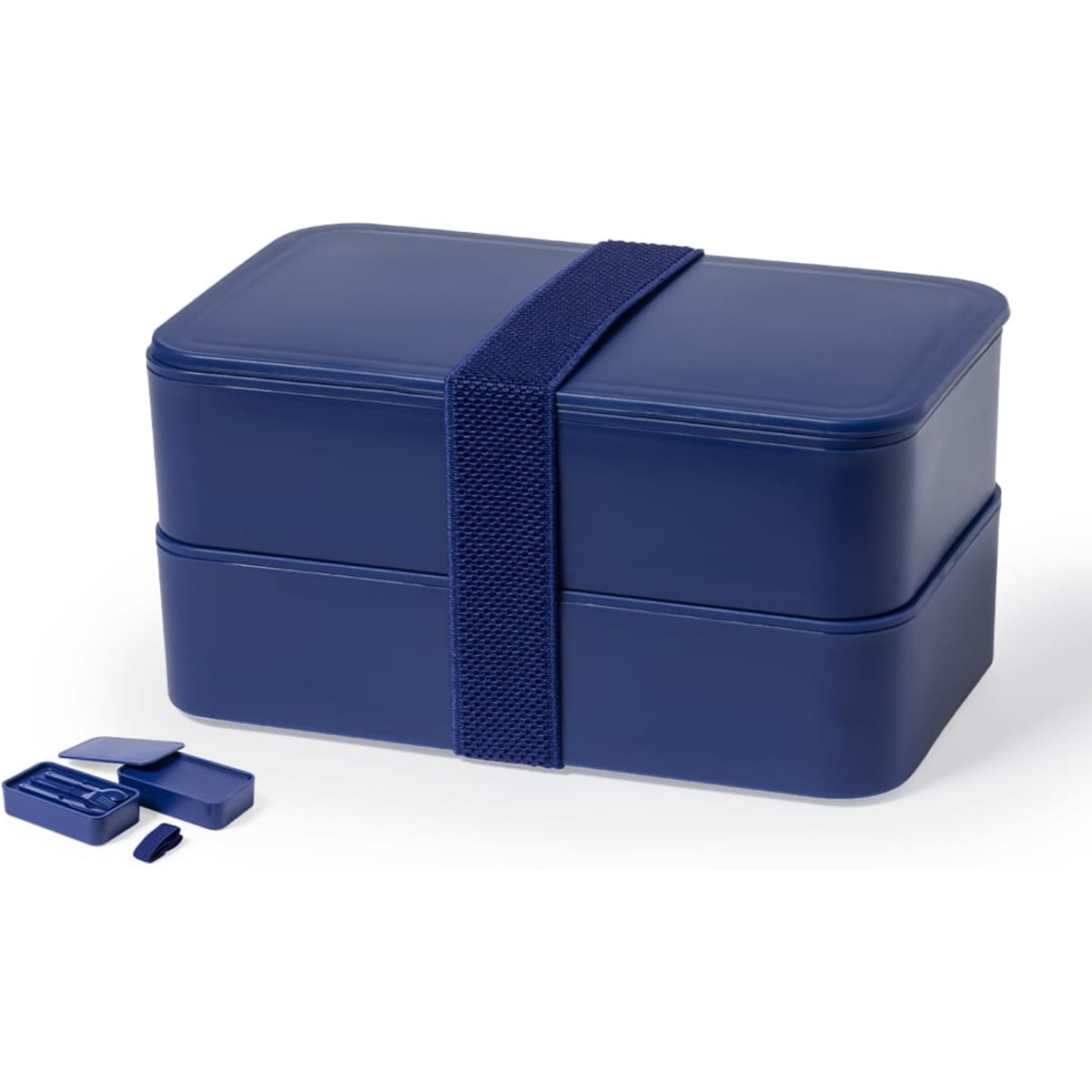 A navy blue lunch box with two stacked compartments and a fabric strap, accompanied by small accessories.
