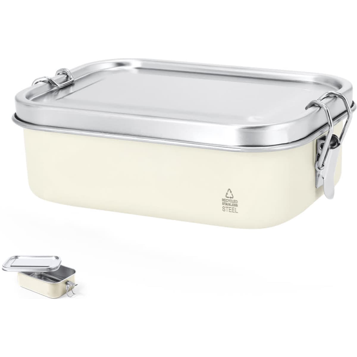 A cream-coloured lunch box with a stainless steel lid and a small detachable container. It features a branding logo.