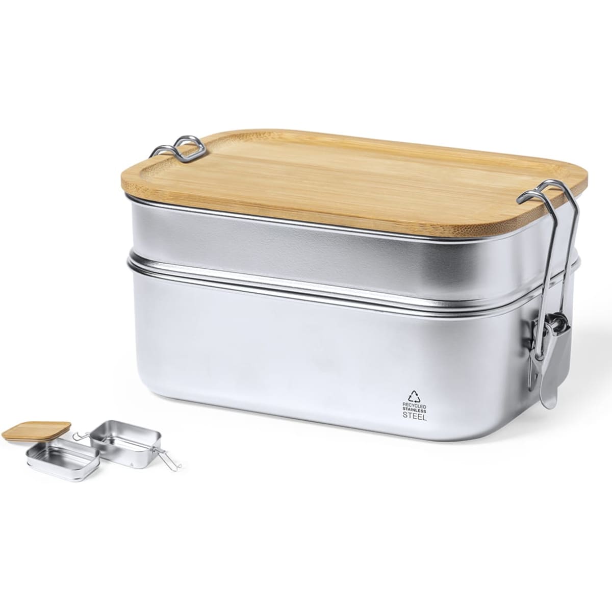 A silver stainless steel lunch box with a bamboo lid, featuring a stackable design and two small containers.