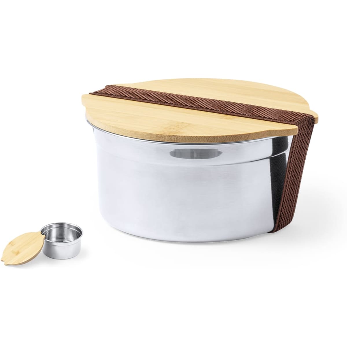 A silver lunch box with a bamboo lid and a brown strap, featuring a small metal container beside it.