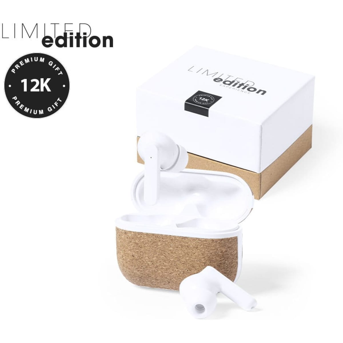 Crawly Earphones in white with a cork charging case, displayed in a white box with a logo. Limited edition design.