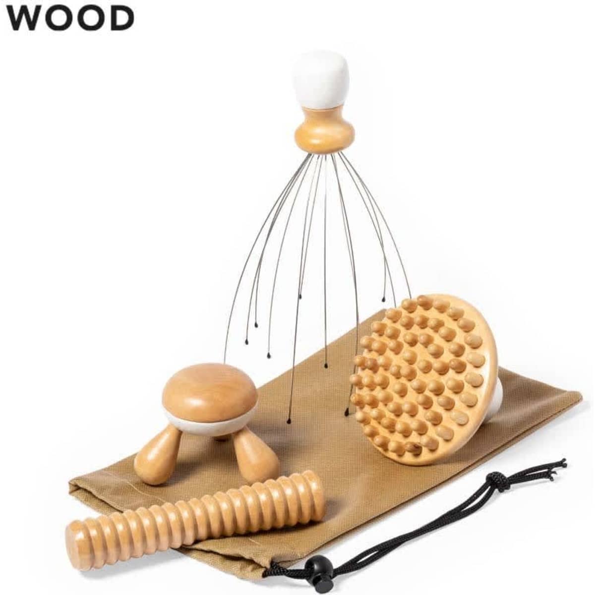 A set of wooden massagers in natural tones, including a round applicator, a spiky disc, and a flexible wire tool, with a carry pouch.