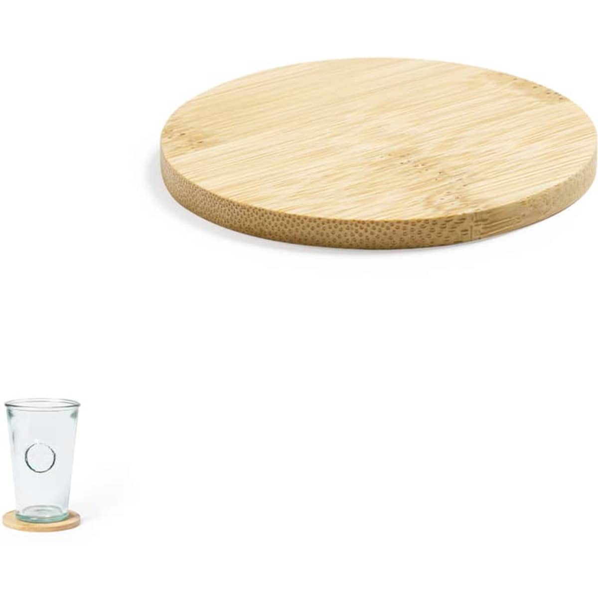 A bamboo drink coaster with a smooth, round surface, accompanied by a glass. The coaster has a natural finish.