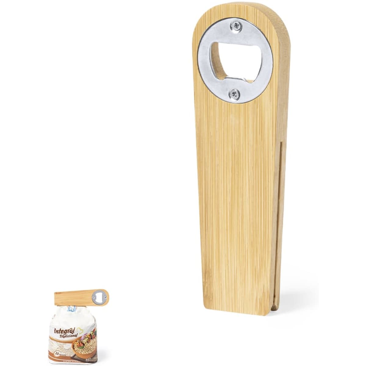 A drink bottle opener in a sleek bamboo design with a silver opening mechanism. Features a logo on the handle.