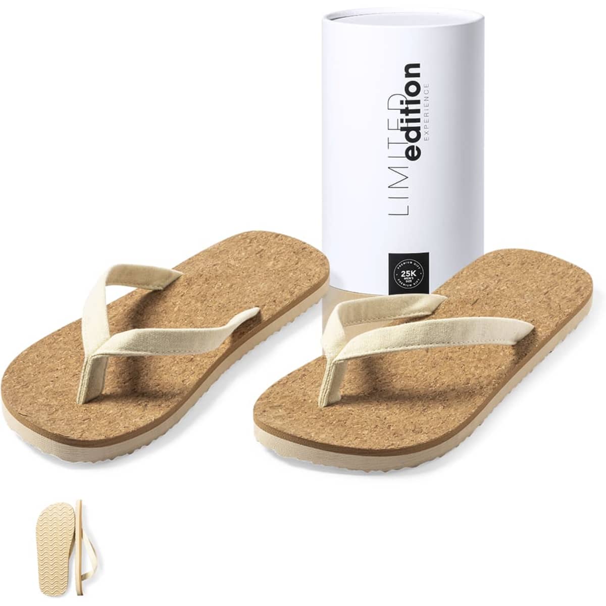 A pair of beige thongs with a cork footbed and a white box featuring a logo.