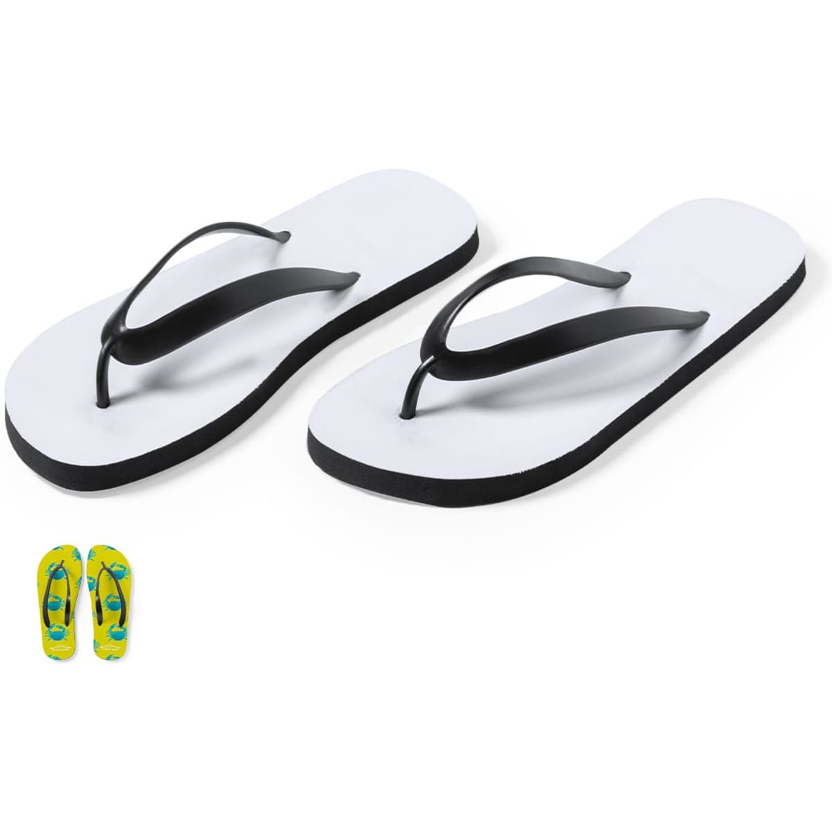 A pair of white thongs with black straps alongside a smaller pair featuring a colourful design.