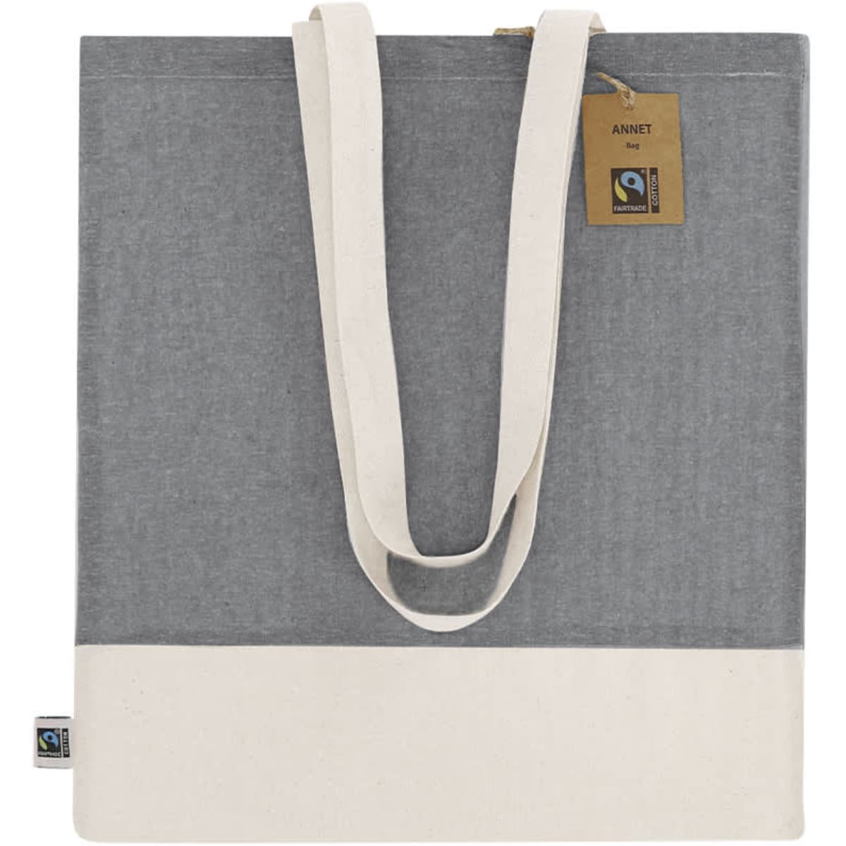 A grey and cream tote bag with long handles and a tag, featuring a logo on the side.