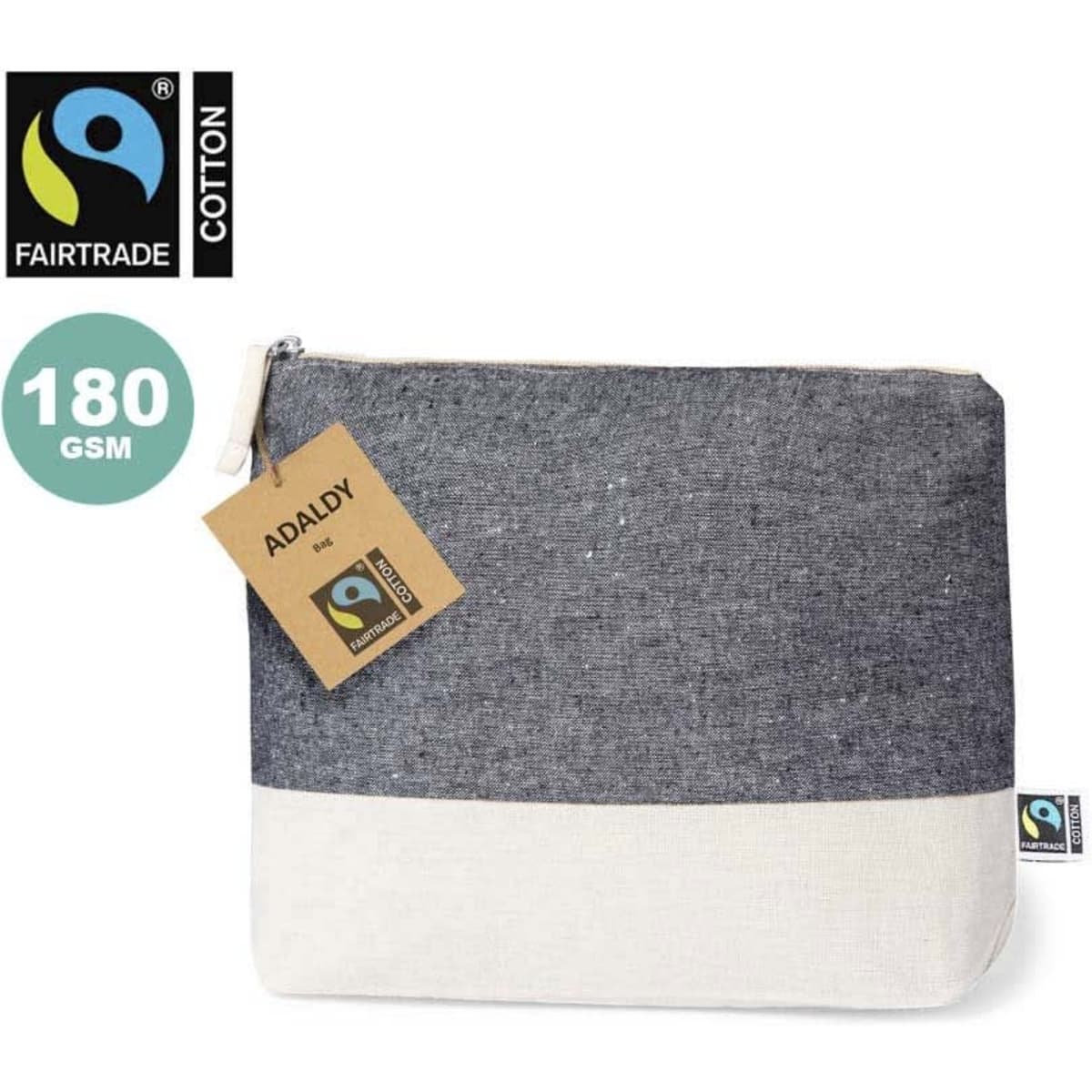 A grey and cream Fairtrade beauty bag with a zip closure and a tag, featuring a logo.