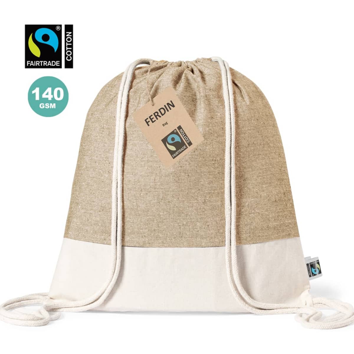 A drawstring bag with a beige and cream design, featuring a logo and a tag. Made from Fairtrade cotton.