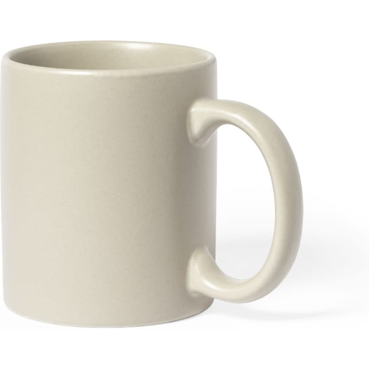 A beige coffee mug with a smooth finish and a curved handle. It features a logo on one side.